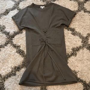 BP olive green lace-up mini t-shirt shift dress sz S